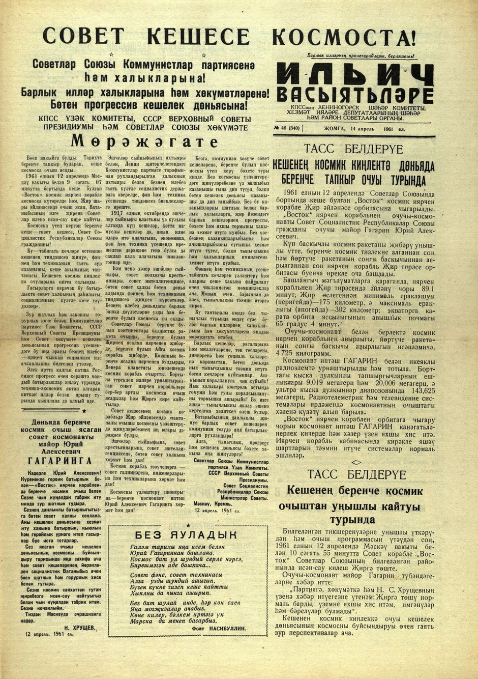 Tatarstan regional newspapers containing the information about the flight into space of Yuri Gagarin. April, 1961